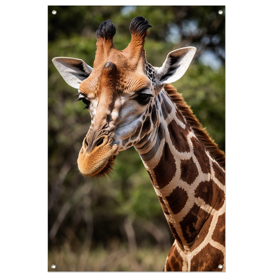 Gedetailleerde close-up van een wilde giraffe tuinposter
