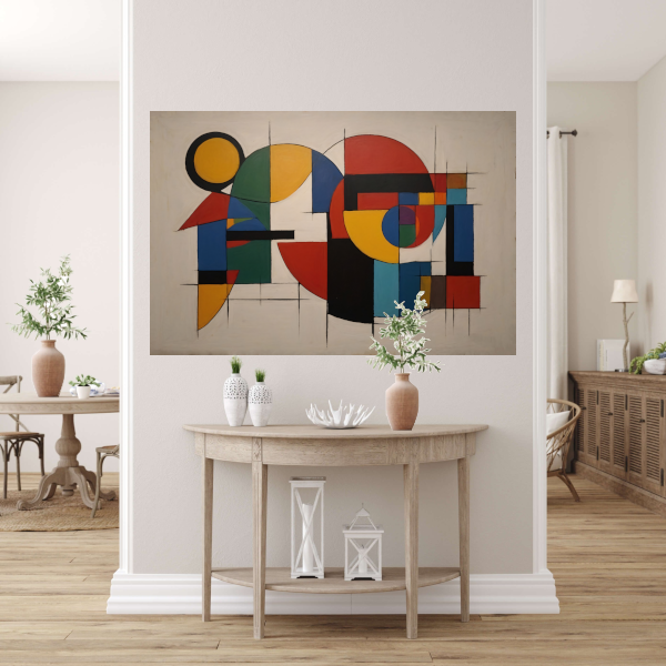 Geometrische Abstractie in Primaire Kleuren canvas met baklijst
