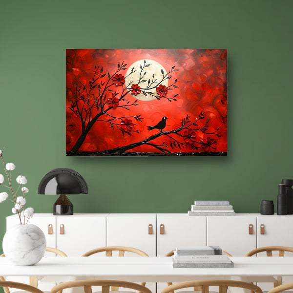 Abstracte vogel en bloemen op rode achtergrond canvas met baklijst