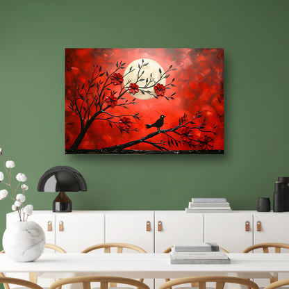 Abstracte vogel en bloemen op rode achtergrond canvas met baklijst