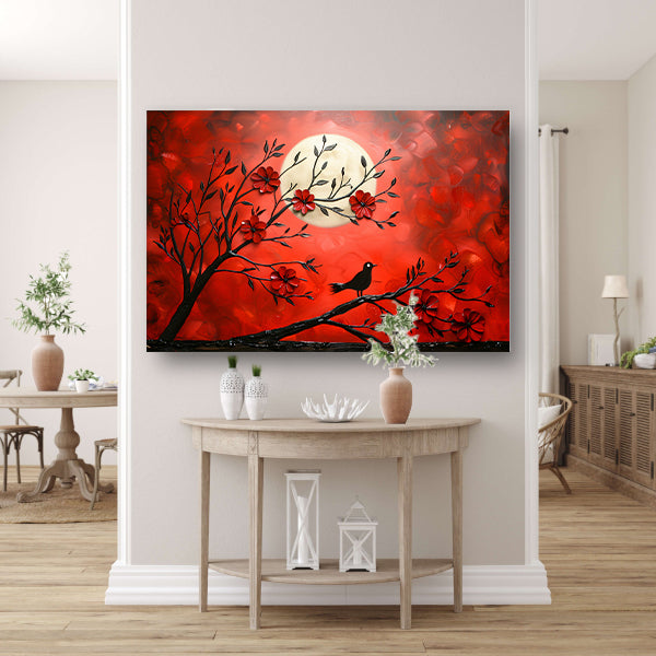 Abstracte vogel en bloemen op rode achtergrond canvas met baklijst