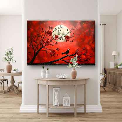 Abstracte vogel en bloemen op rode achtergrond canvas met baklijst