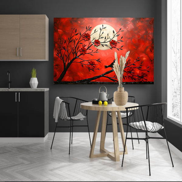 Abstracte vogel en bloemen op rode achtergrond canvas met baklijst