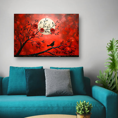 Abstracte vogel en bloemen op rode achtergrond canvas met baklijst