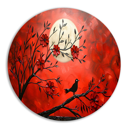 Abstracte vogel en bloemen op rode achtergrond forex muurcirkel