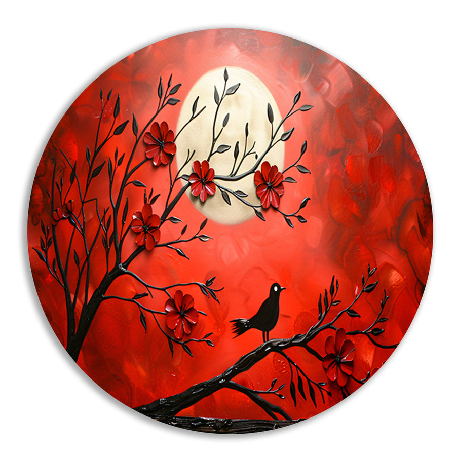 Abstracte vogel en bloemen op rode achtergrond aluminium muurcirkel
