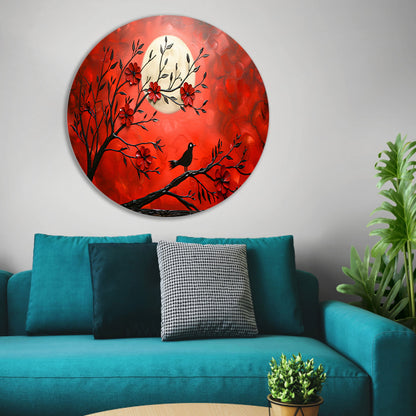 Abstracte vogel en bloemen op rode achtergrond forex muurcirkel