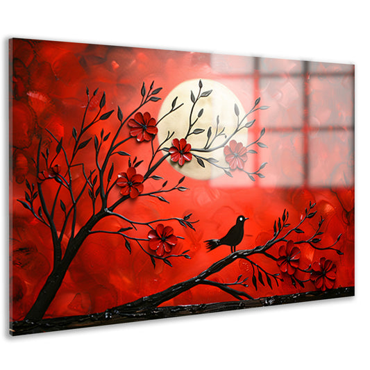 Abstracte vogel en bloemen op rode achtergrond acrylglas