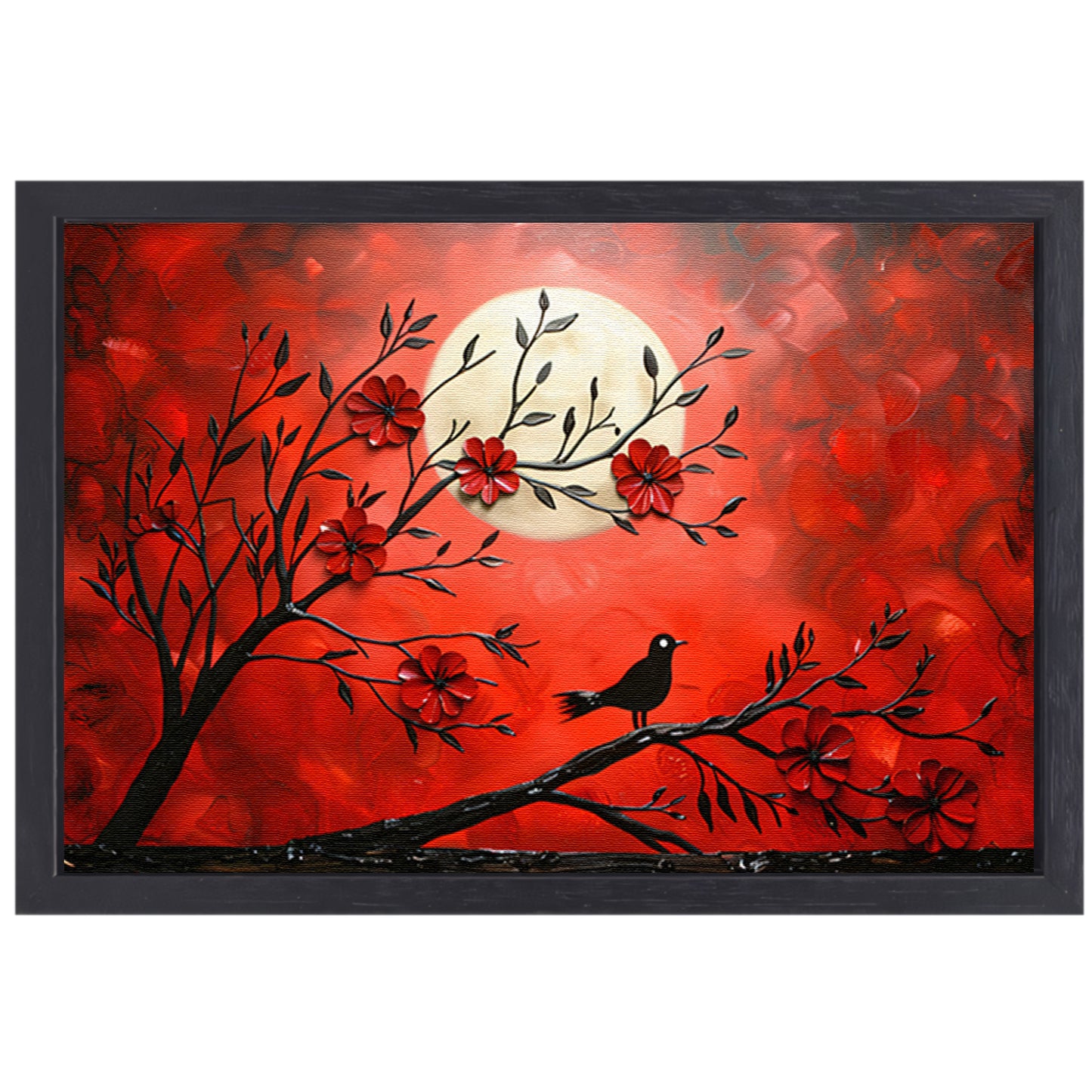 Abstracte vogel en bloemen op rode achtergrond canvas met baklijst