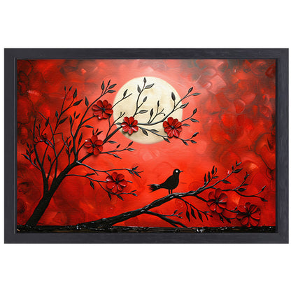 Abstracte vogel en bloemen op rode achtergrond canvas met baklijst