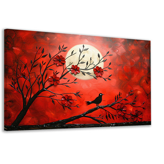 Abstracte vogel en bloemen op rode achtergrond canvas