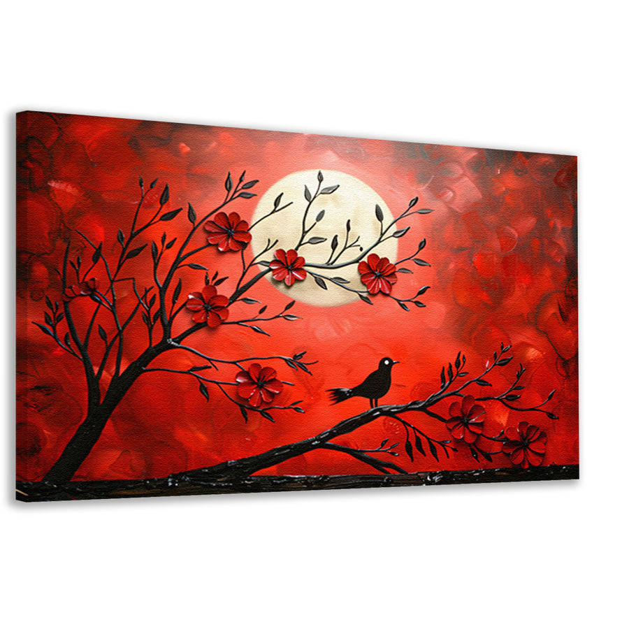 Abstracte vogel en bloemen op rode achtergrond canvas