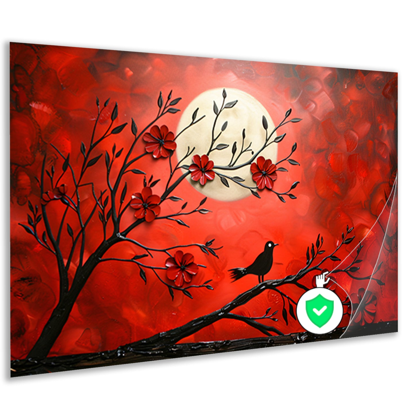 Abstracte vogel en bloemen op rode achtergrond poster