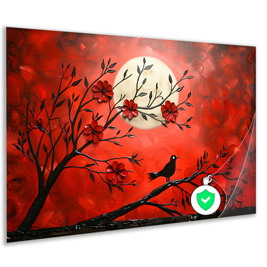 Abstracte vogel en bloemen op rode achtergrond poster
