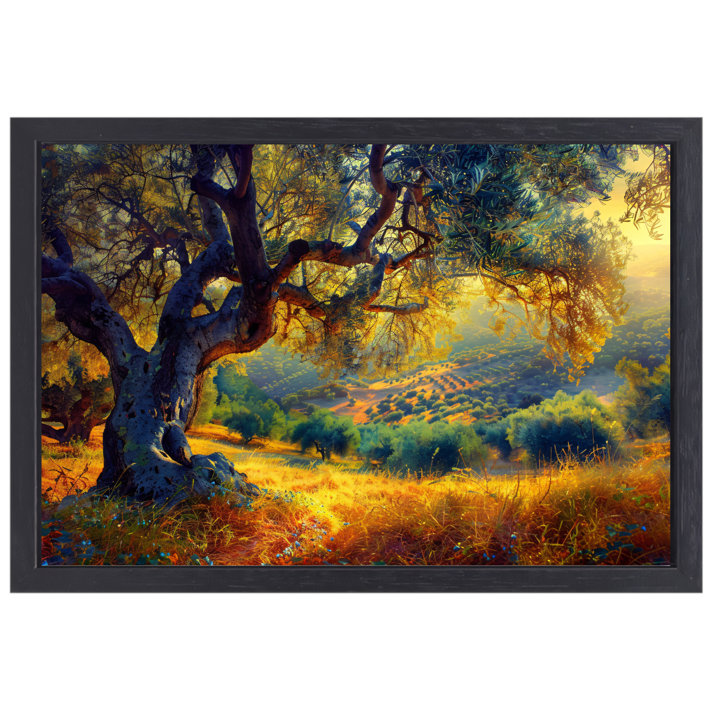 Impressionistische boom in een veld canvas met baklijst