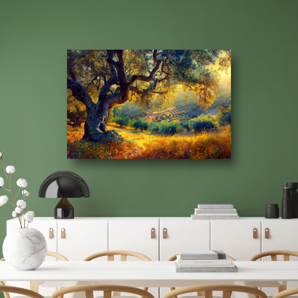 Impressionistische boom in een veld canvas met baklijst