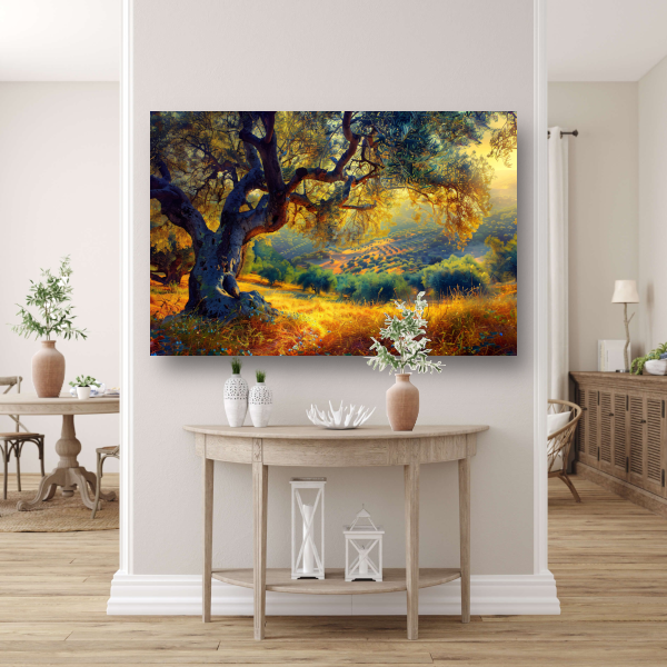 Impressionistische boom in een veld canvas met baklijst