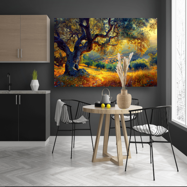 Impressionistische boom in een veld canvas met baklijst