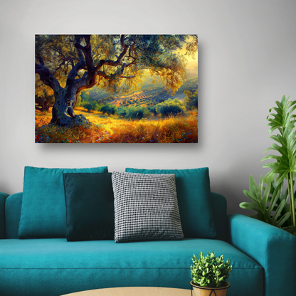 Impressionistische boom in een veld canvas met baklijst