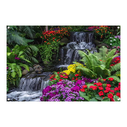 Kleurrijke tuin met waterval en diverse bloemen tuinposter
