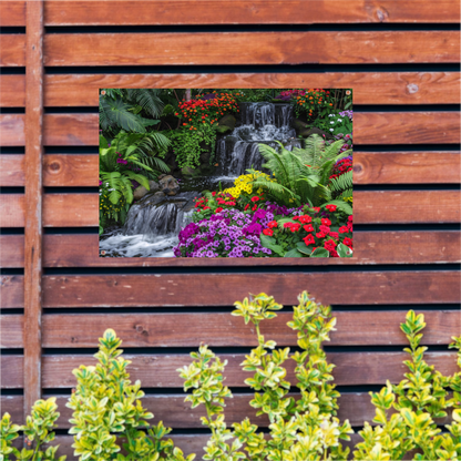 Kleurrijke tuin met waterval en diverse bloemen tuinposter