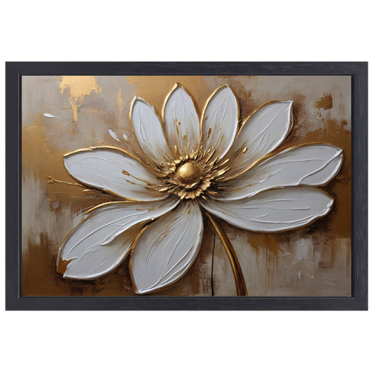 Witte Bloem met Gouden Accenten canvas met baklijst