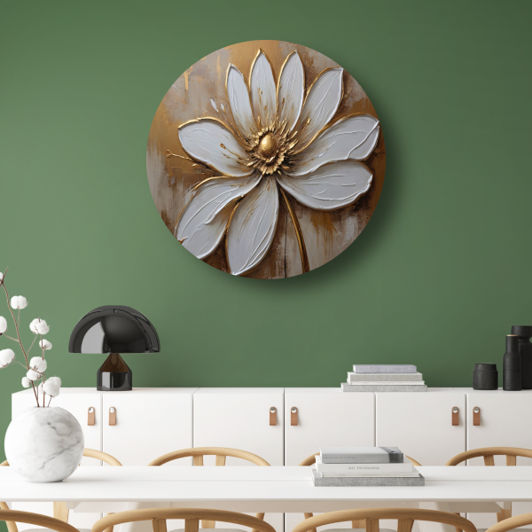 Witte Bloem met Gouden Accenten aluminium muurcirkel