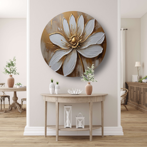 Witte Bloem met Gouden Accenten aluminium muurcirkel