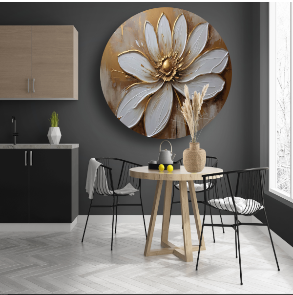 Witte Bloem met Gouden Accenten aluminium muurcirkel