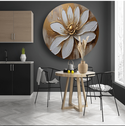 Witte Bloem met Gouden Accenten aluminium muurcirkel