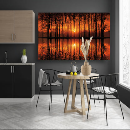 Mystieke zonsondergang in bos bij meer poster