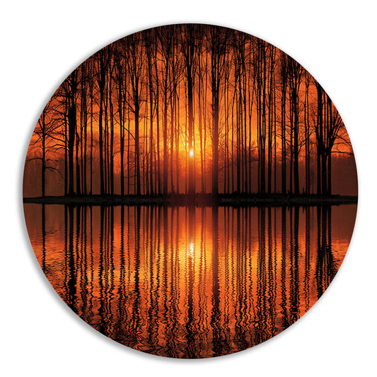 Mystieke zonsondergang in bos bij meer aluminium muurcirkel