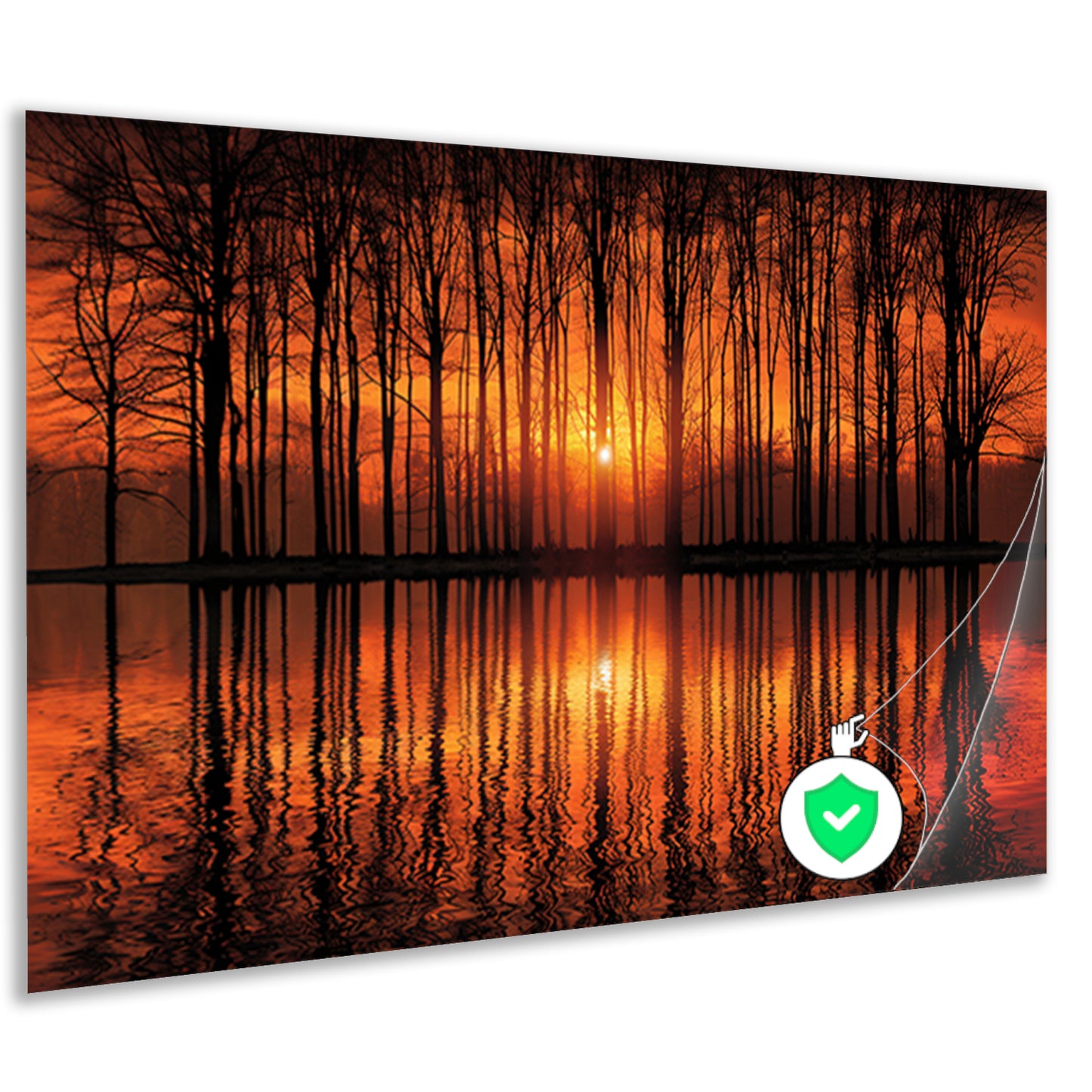 Mystieke zonsondergang in bos bij meer poster