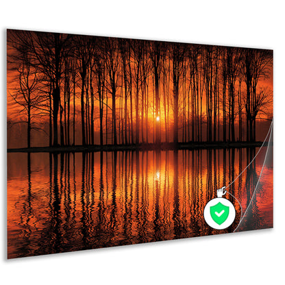 Mystieke zonsondergang in bos bij meer poster