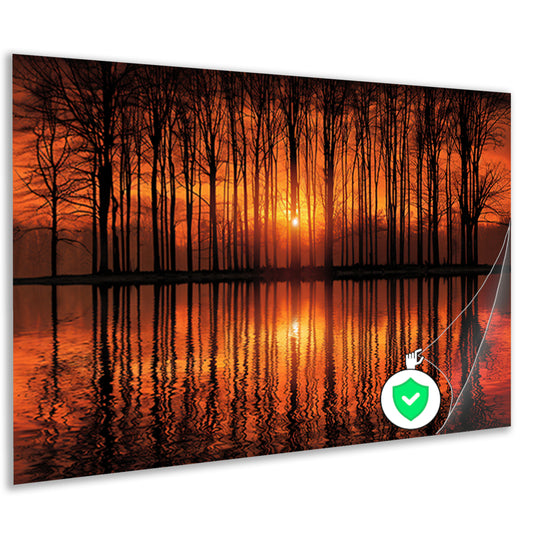 Mystieke zonsondergang in bos bij meer poster