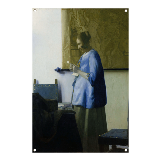 Vrouw in het blauw die een brief leest - Johannes Vermeer tuinposter