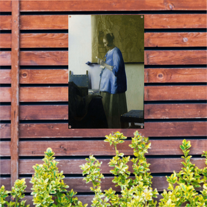 Vrouw in het blauw die een brief leest - Johannes Vermeer tuinposter