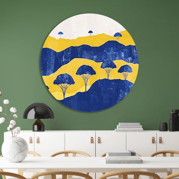 Minimalistisch landschap met bomen en heuvels aluminium muurcirkel