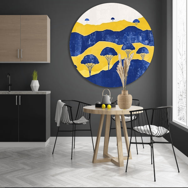 Minimalistisch landschap met bomen en heuvels aluminium muurcirkel