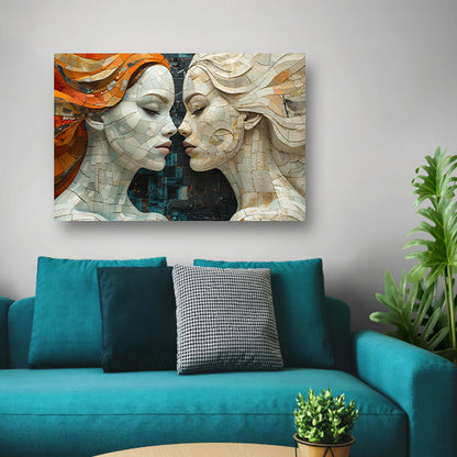 Gezichten van Mozaïek in Harmonische Symmetrie canvas met baklijst
