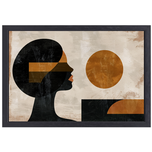 Vrouwelijk silhouet en abstracte cirkels in monochrome kleuren canvas met baklijst