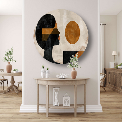 Vrouwelijk silhouet en abstracte cirkels in monochrome kleuren aluminium muurcirkel