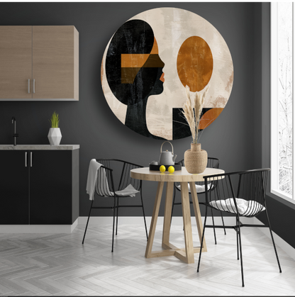Vrouwelijk silhouet en abstracte cirkels in monochrome kleuren aluminium muurcirkel