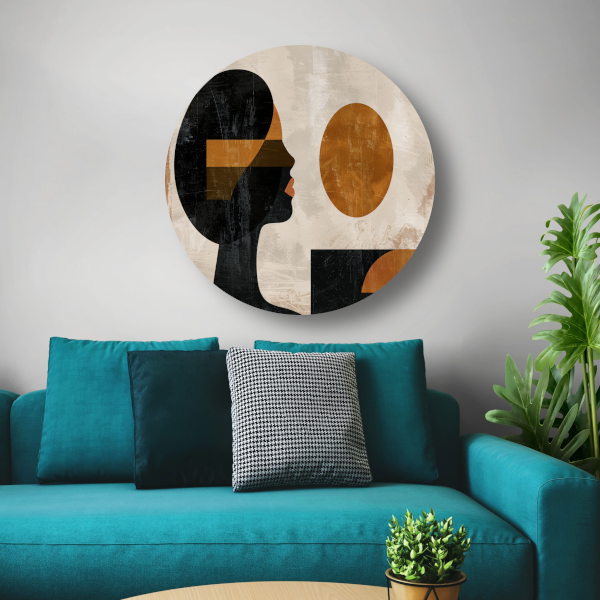 Vrouwelijk silhouet en abstracte cirkels in monochrome kleuren aluminium muurcirkel