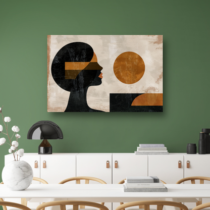 Vrouwelijk silhouet en abstracte cirkels in monochrome kleuren canvas met baklijst