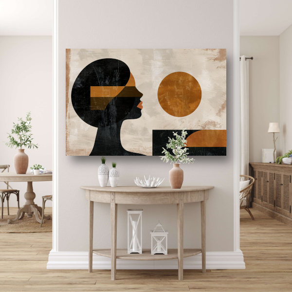 Vrouwelijk silhouet en abstracte cirkels in monochrome kleuren canvas met baklijst
