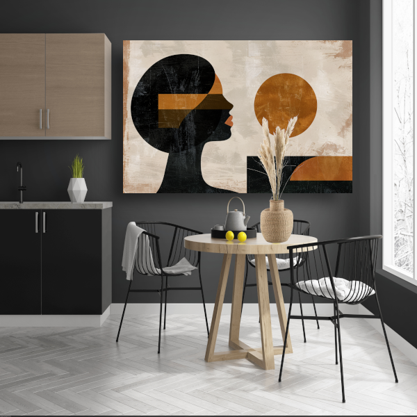 Vrouwelijk silhouet en abstracte cirkels in monochrome kleuren canvas met baklijst