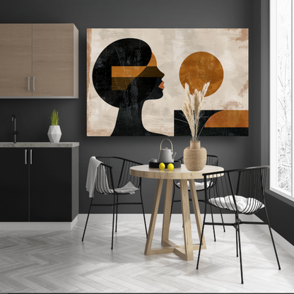 Vrouwelijk silhouet en abstracte cirkels in monochrome kleuren canvas met baklijst