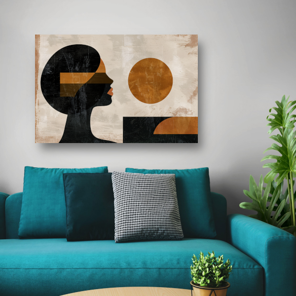 Vrouwelijk silhouet en abstracte cirkels in monochrome kleuren canvas met baklijst