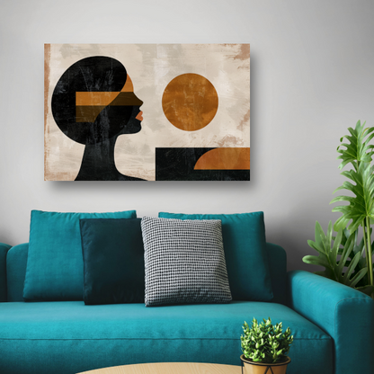 Vrouwelijk silhouet en abstracte cirkels in monochrome kleuren canvas met baklijst